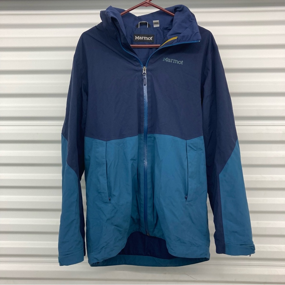 Men’s Medium Marmot Full Zip Hooded Winter Jacket Precip Eco Blue Two Tone